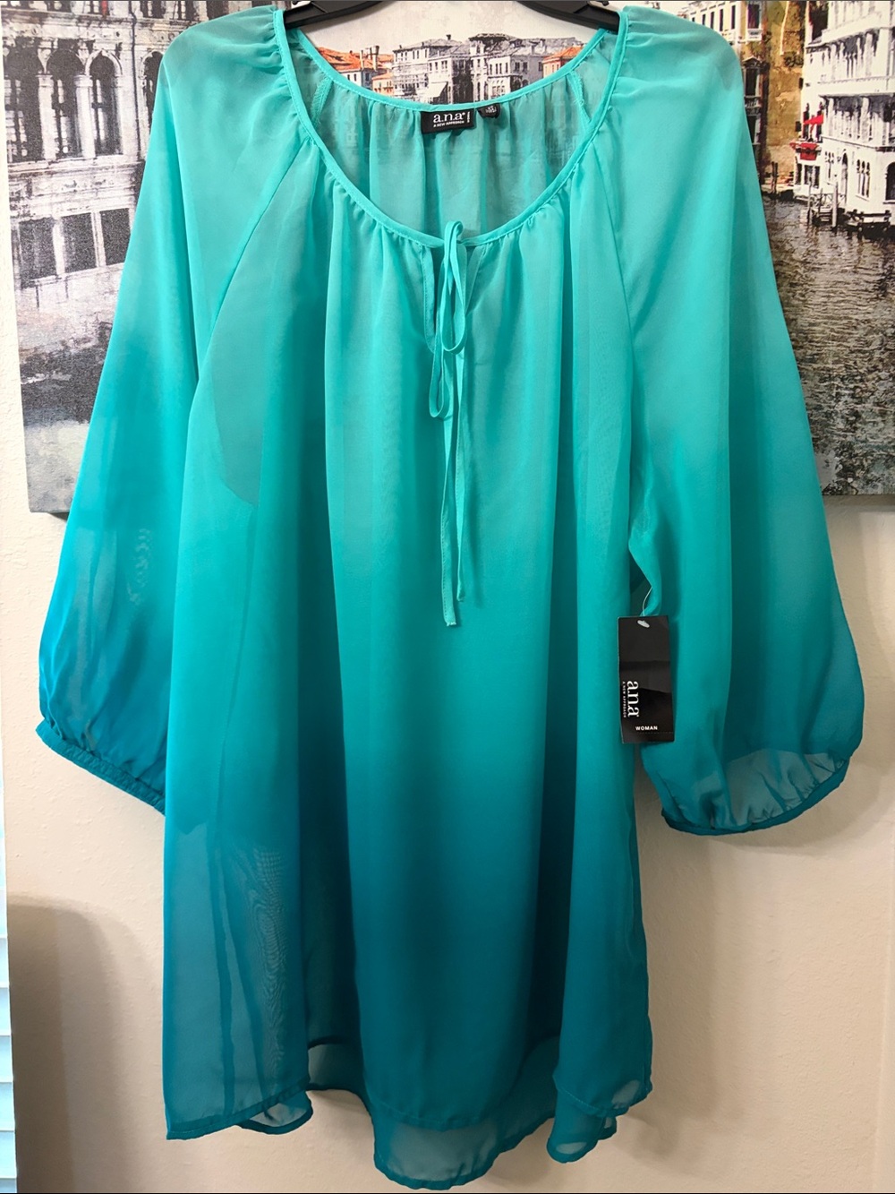a.n.a Teal Sheer Tie-Neck Peasant Tunic 2X - Picture 2 of 12